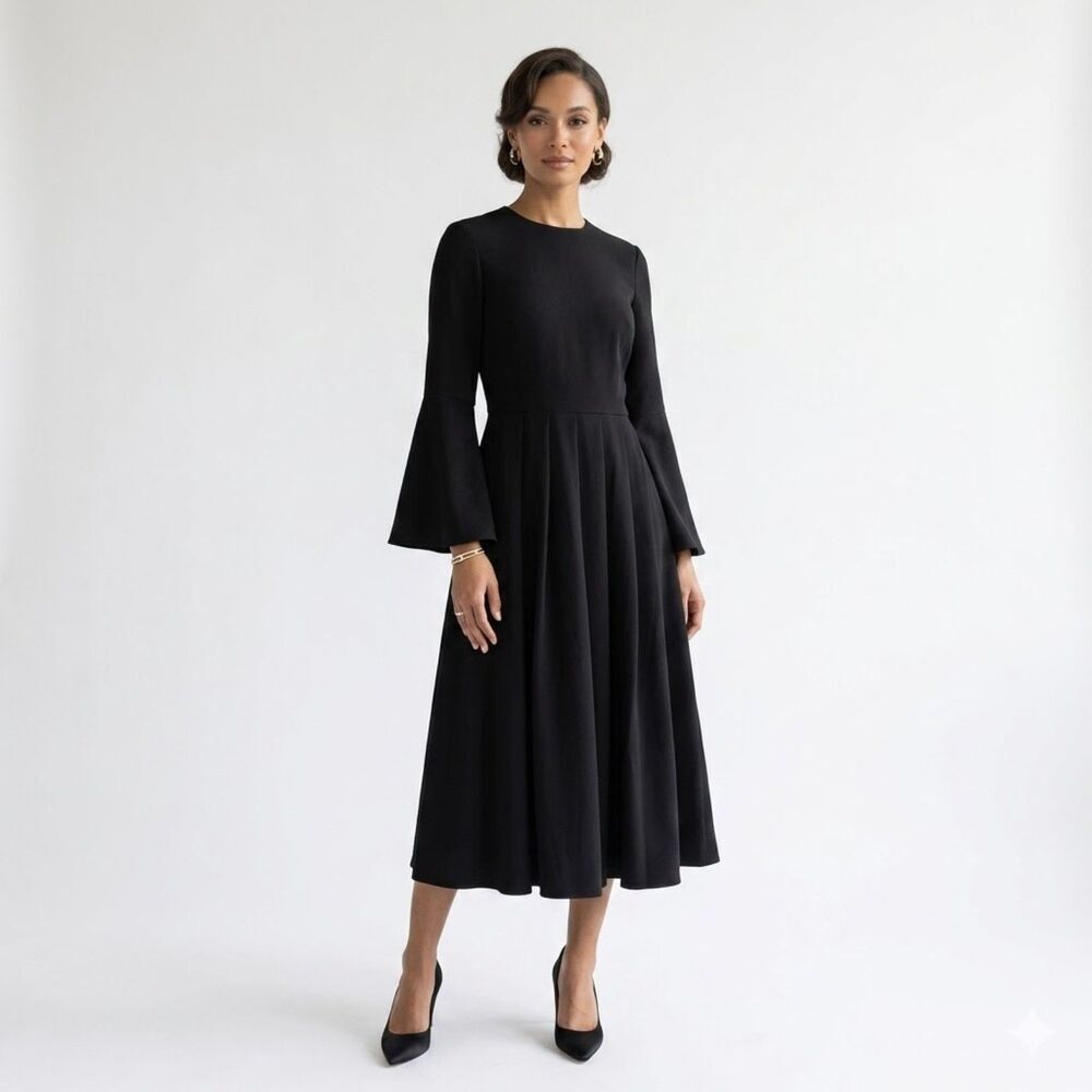 Mikael Aghal Black Bell Sleeve Midi Dress NWT Size 4 $925 Retail Formal